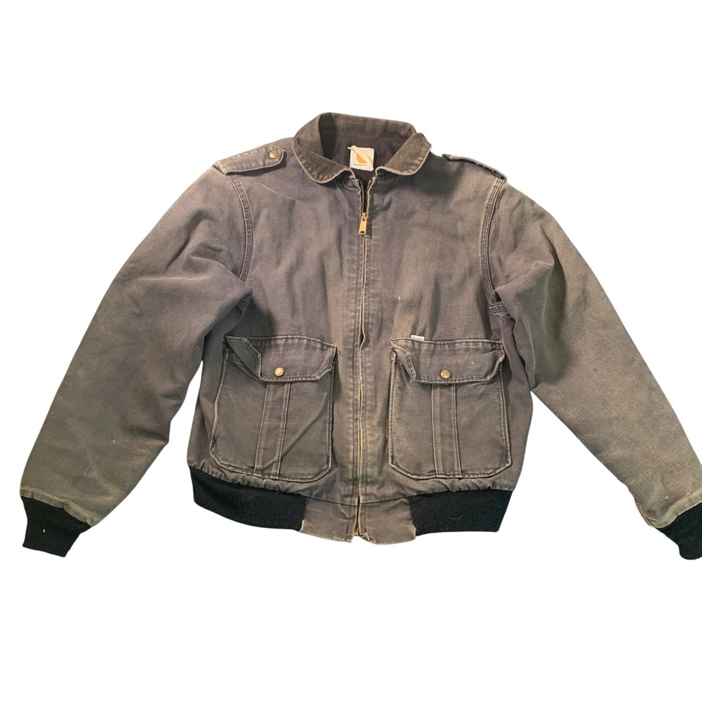 Carhartt Vintage Duck Canvas Bomber Jacket Gray Corduroy Collar ‎ XL